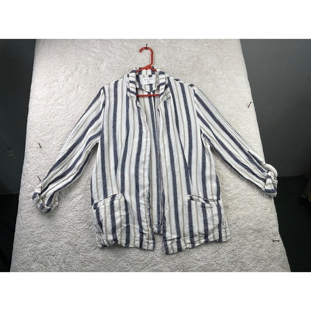 Love Tree Jacket Womens Large Blue Beige Striped Linen Blend Open Front Pockets